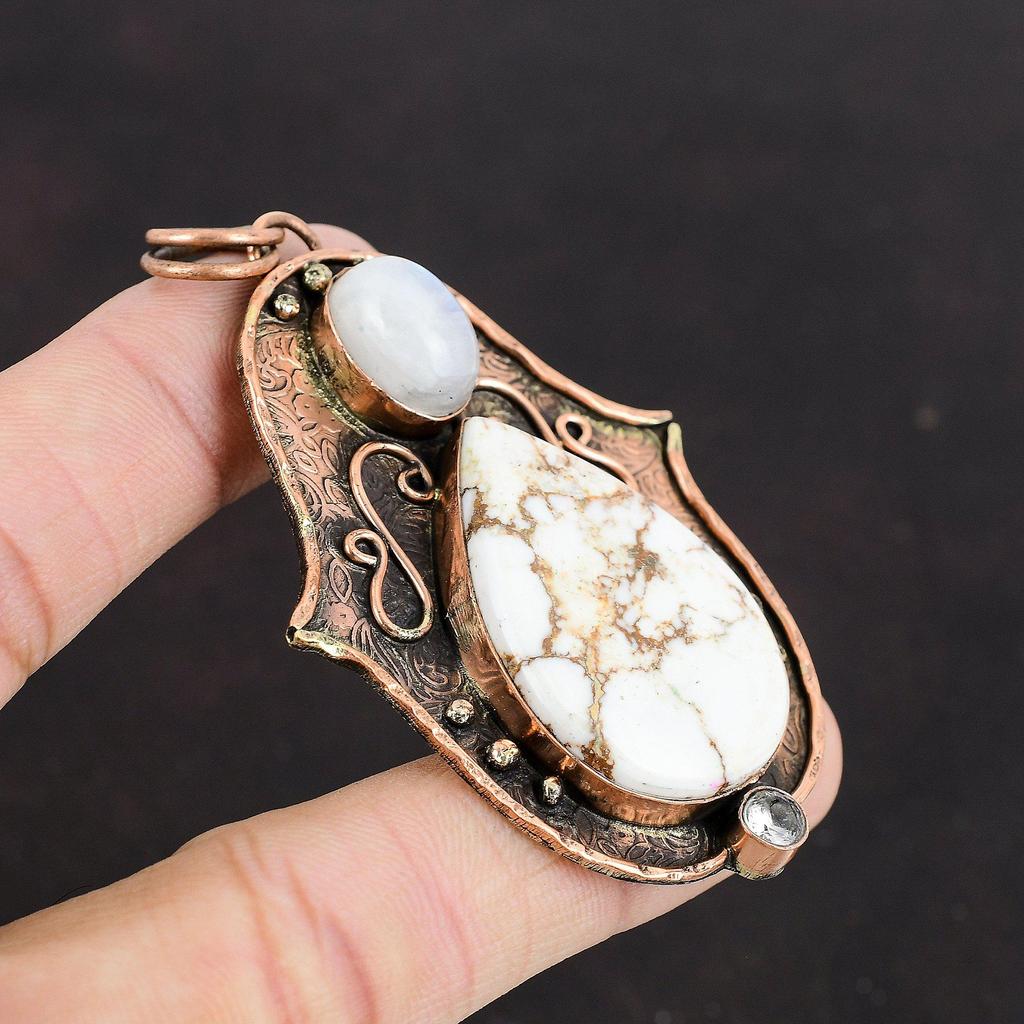 Wild Horse Magnesite Pendant Rainbow Moonstone Pendant White Topaz Pendant Copper Pendant Stylish Jewelry Handmade Natural Gemstone Pendant
