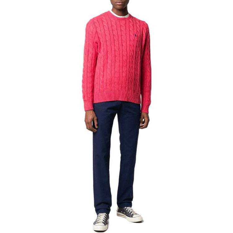 Polo Ralph Lauren Jednobarevný pletený svetr s copánkovým vzorem Jednoduchý svetr s dlouhým rukávem Pánský svetr Červený 710775885-007