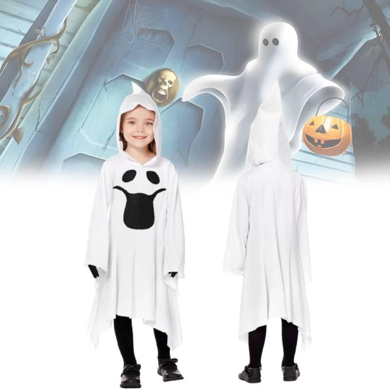 Bílý kostým Ducha pro děti s elegantními rukavicemi, ideální pro halloweenské oslavy