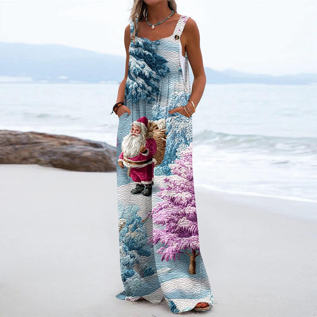 Women's Christmas Print Solid Wide Leg Strapless Tank Pocket Casual Onesie