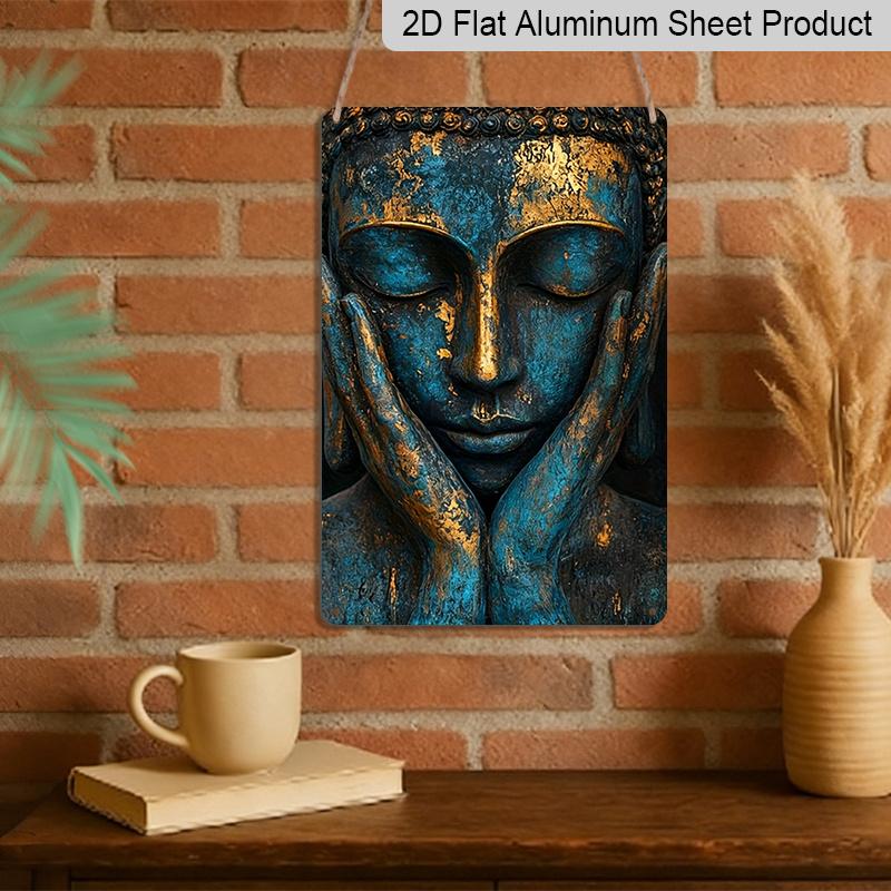 2D Flat - 1pc Vintage Statue Aluminum Wall Art, 8.0 X 12.0 Inch Decorative Sign, Zen Inspired Durable Hanging Plaque, Rustic Bronze and Turquoise