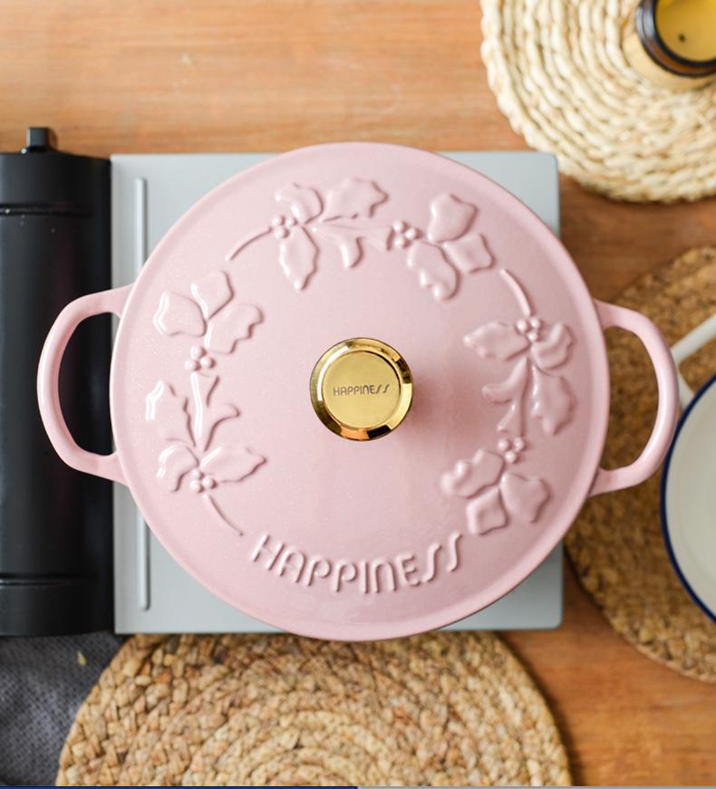 Little Happiness 23cm Non-stick Enamel Embossed Soup & Stew Pot, Induction Compatible