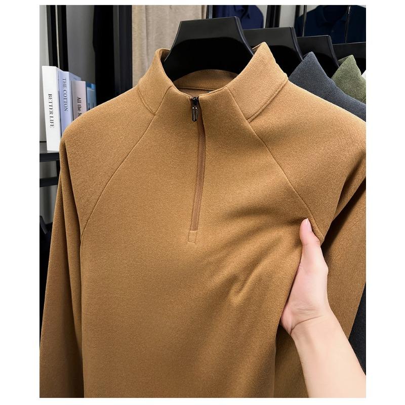 Men S Fleece Lined Stand Collar Half Zip Solid Color Casual Winter Sweatshirt