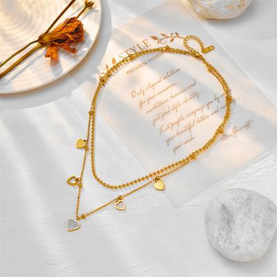 Gold Plated Multi-Heart Layered Beaded Chain Necklace for Women Stainless Steel with Cubic Zirconia
