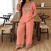 Damen Frühling Sommer Neues 2-teiliges Outfit, V-Ausschnitt 3/4-Ärmel Knopfleiste Hemd & Bedruckte Elastische Taille Lange Hose Set, Digitaldruck Maschine Lässiger Anzug