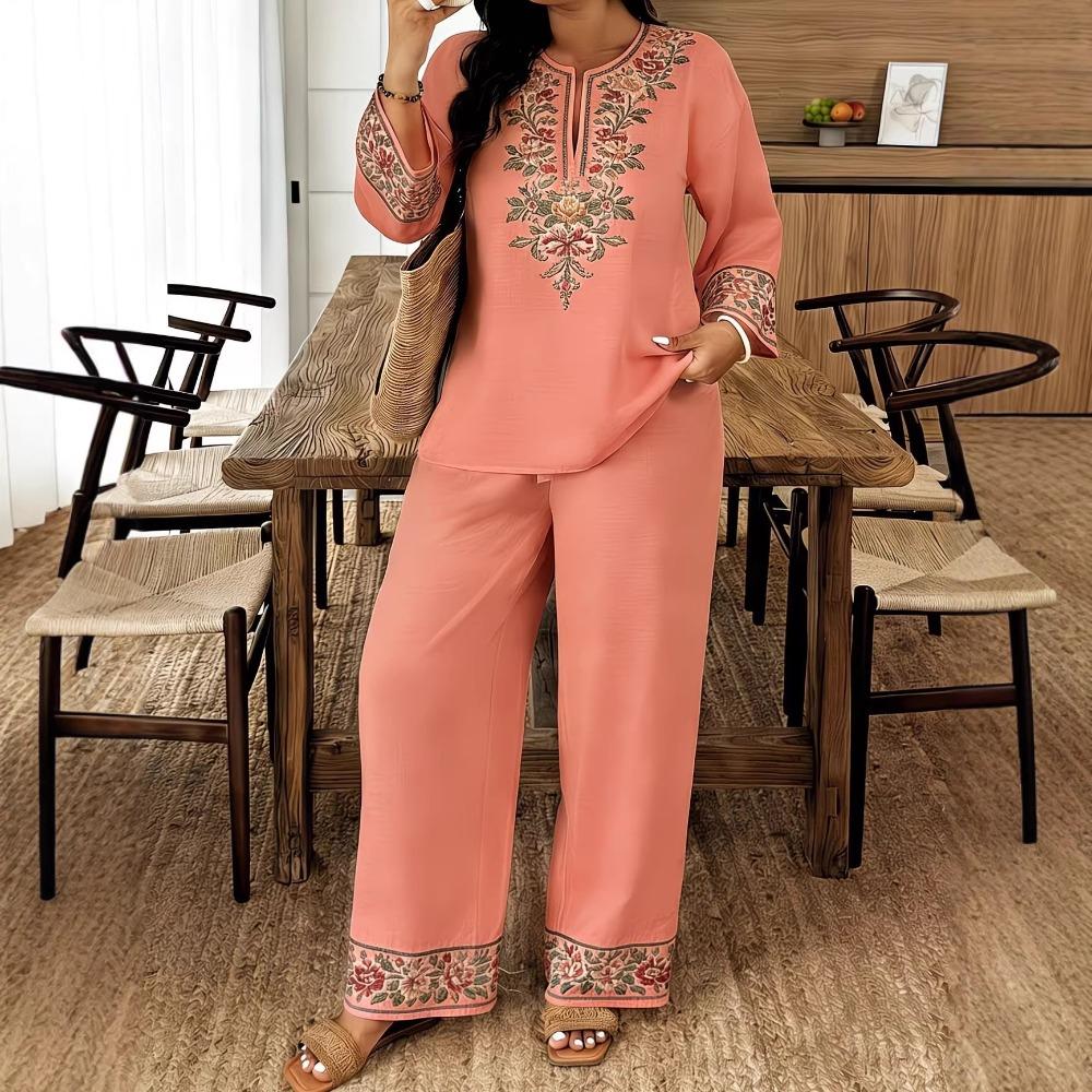 Damen Frühling Sommer Neues 2-teiliges Outfit, V-Ausschnitt 3/4-Ärmel Knopfleiste Hemd & Bedruckte Elastische Taille Lange Hose Set, Digitaldruck Maschine Lässiger Anzug