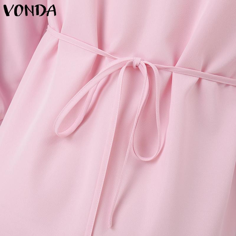 VONDA Women Elegant Lapel Ruffled Solid Color Long Sleeve Dresses