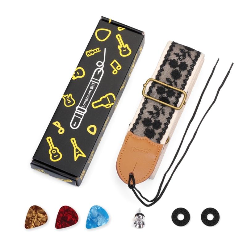 

Acoustic Guitar Strap Replacement Black Lace Vintage Nylon Shoulder Strap with Picks for Electric Acoustic Guitar 1