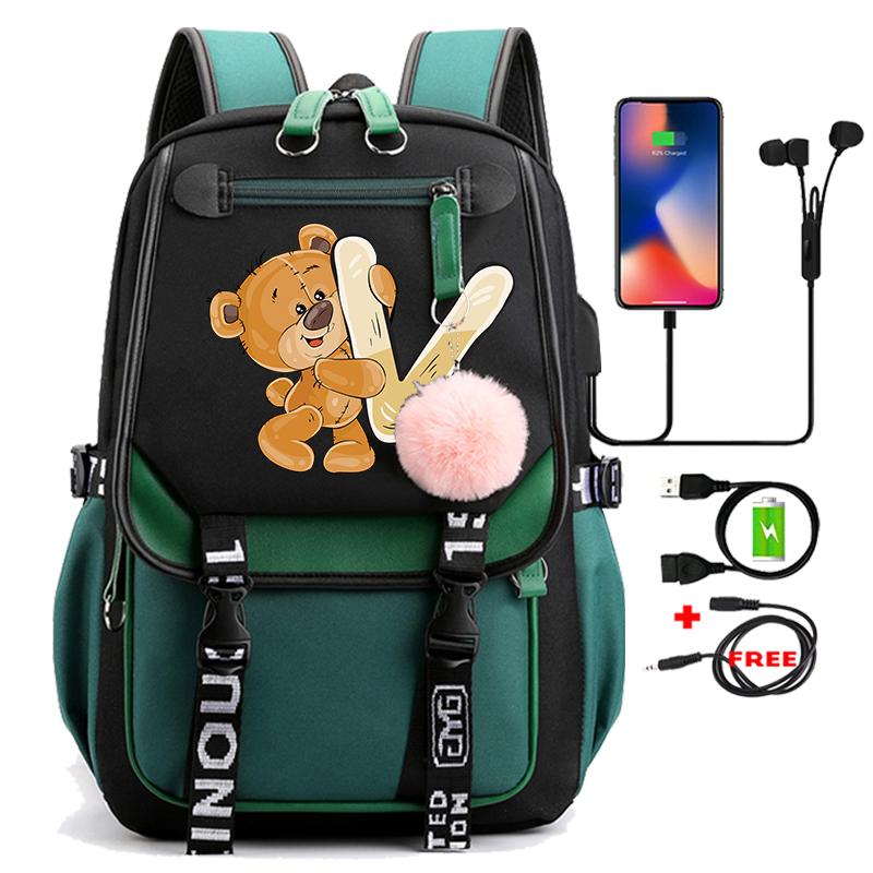Lovely Little Bear 26 English Letters Student School Bag Backpack Outdoor Teenage Girl Cartoon Bookbag Laptop Travel Rucksack