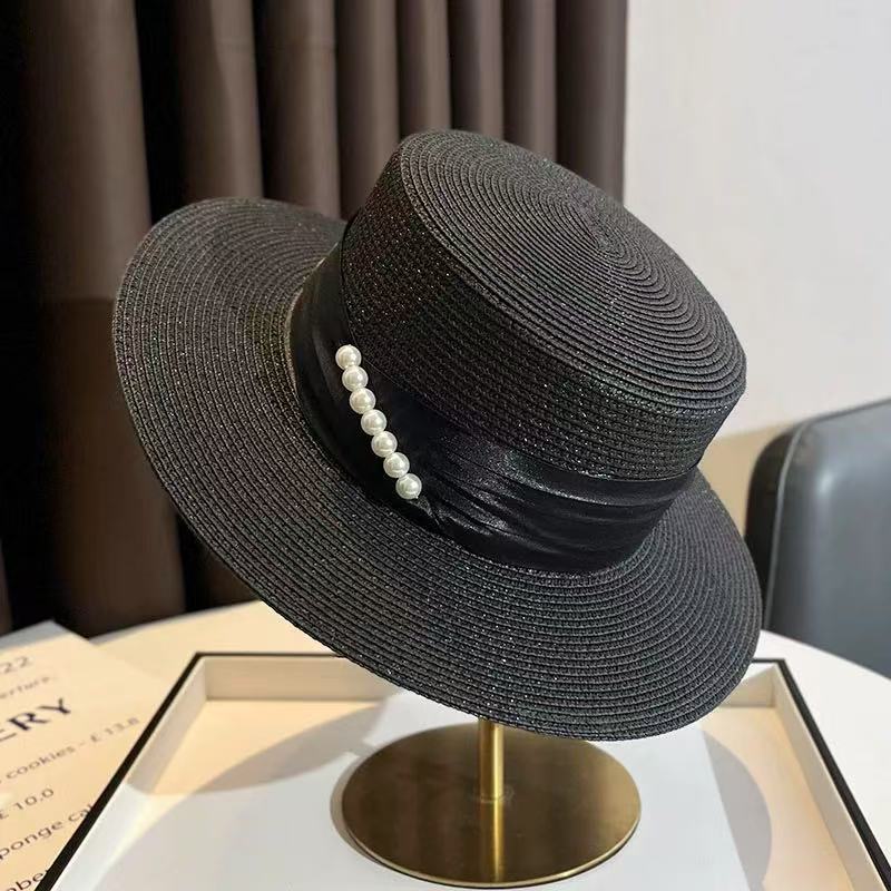 Meimeier Women's new summer retro french pearl straw hat - perfect for beach trips, flat top socialite style