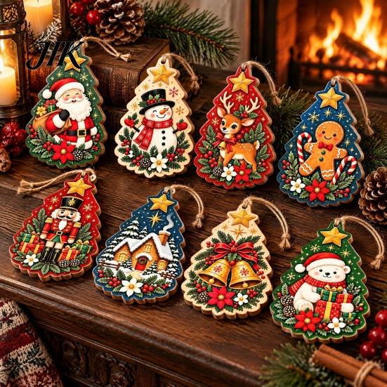 Christmas Window Hanging Decor 8Pcs Wooden Ornaments with Hemp Rope for Holiday Tree Decorations, Decorative Santa Rustic Claus Snowman Gingerbread