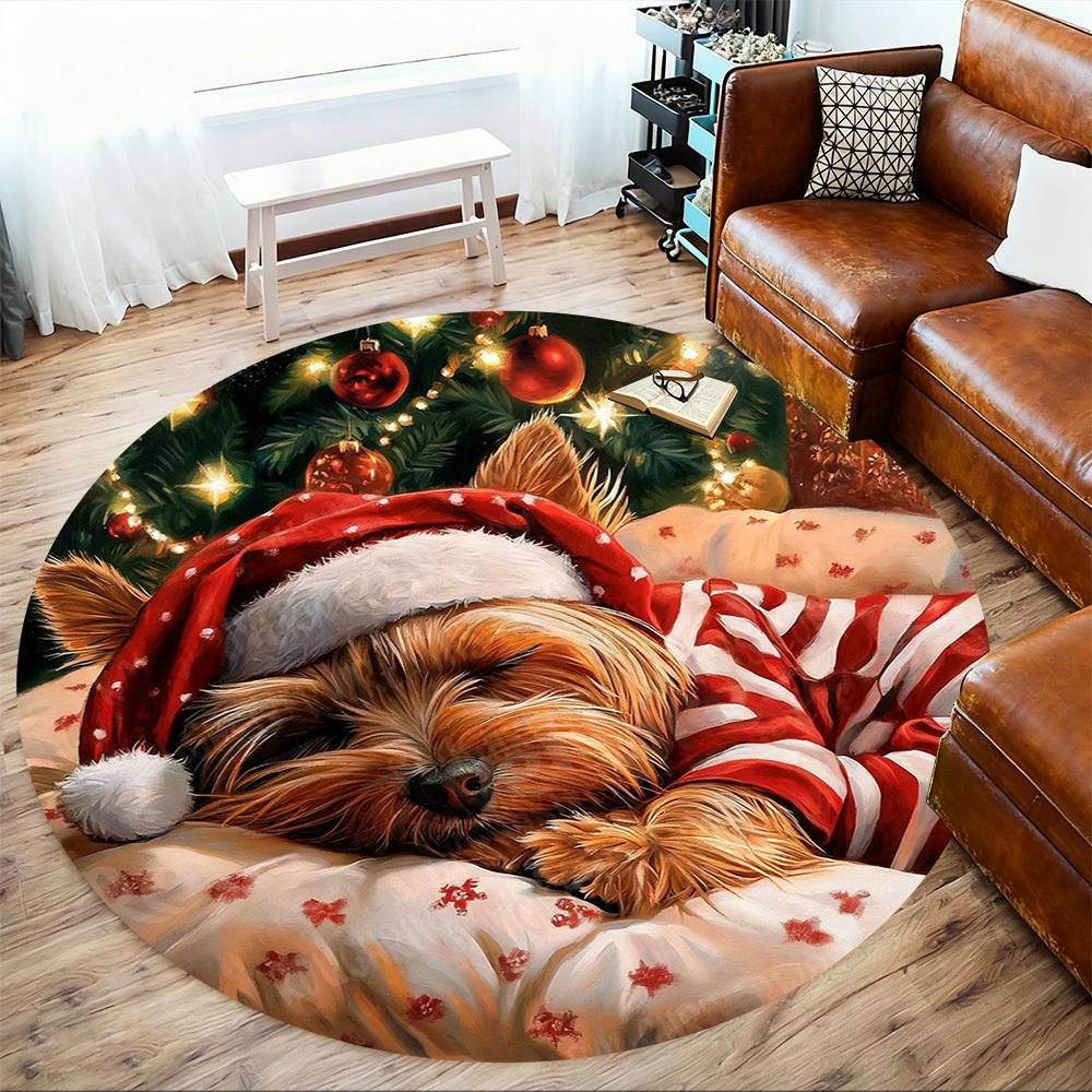1 Stück Weihnachten Hund Büro Runder Teppich, Unter Bürostühlen Schlafzimmer Wohnzimmer Heimdekoration, Teppich für Büro, -1110212