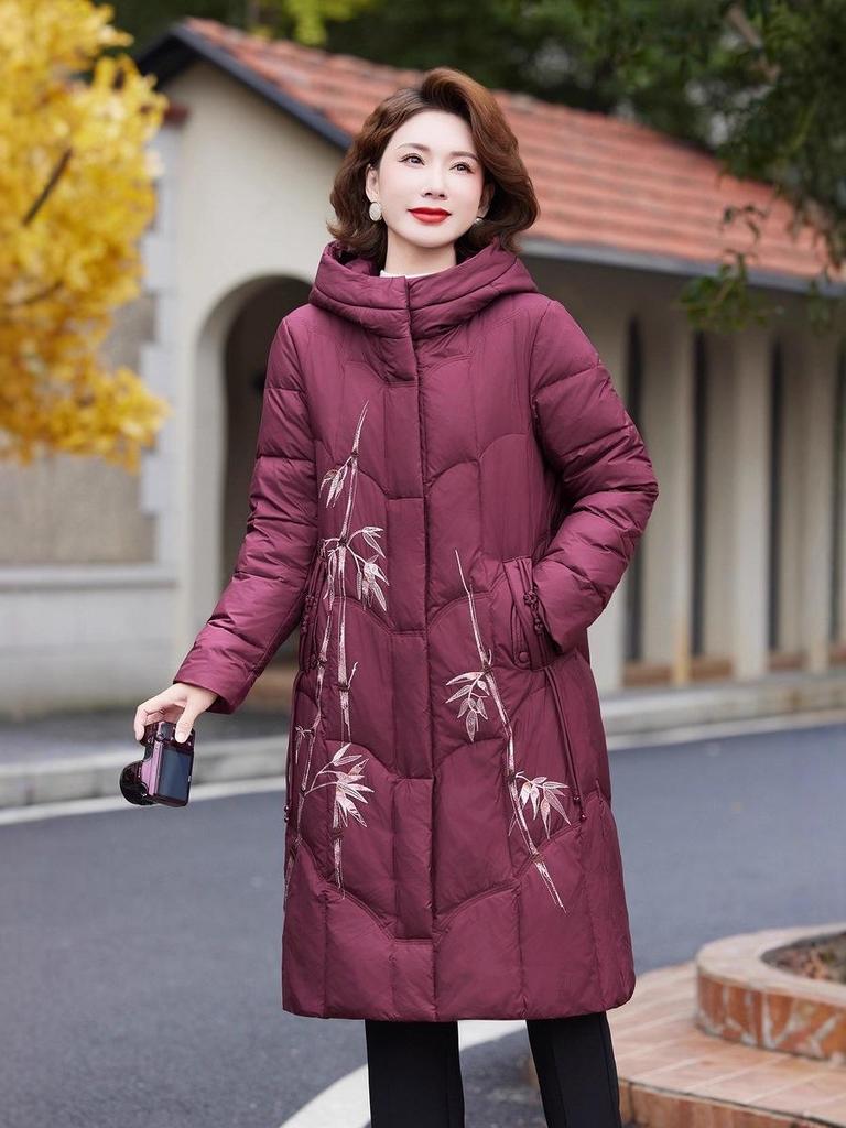 2025 Bestickter Kapuzen-Baumwollmantel Überknie - Winterstil für Mittelalte und Ältere