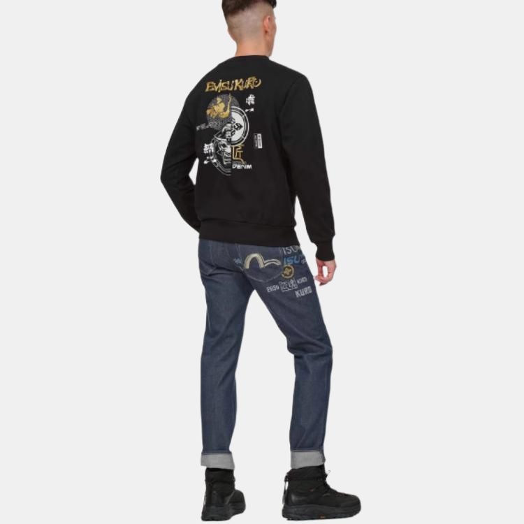 Evisu Letter Print Crew Neck Pullover Long Sleeve Sweatshirt Unisex sweatshirt Black 2EAGNM1SW424XXCT
