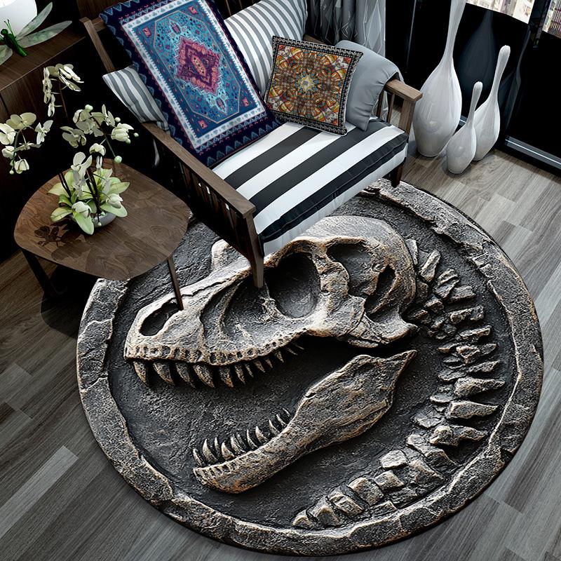 Dinosaur Skull Round Area Rug,Carpet Rug for Living Room Bedroom Sofa Playroom Decor,Non-slip Floor Mat