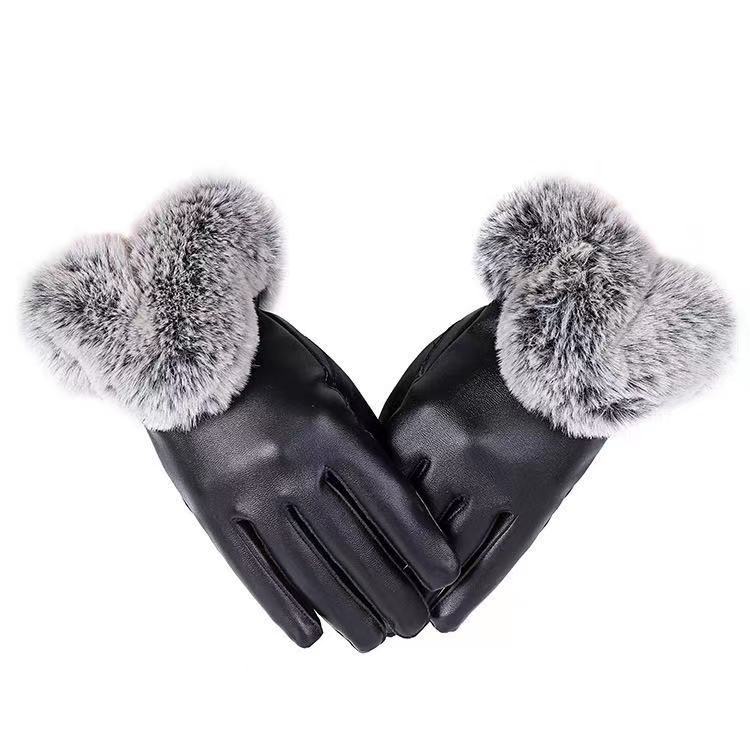 Winter women's imitation rabbit fur mouth PU gloves with velvet insulation cycling driving touch screen full finger