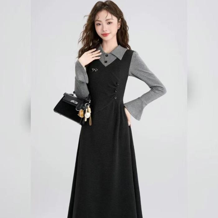 

Spring new large size fat mm fake two-piece trendy French retro dress, thin women s black long skirt XL чорний