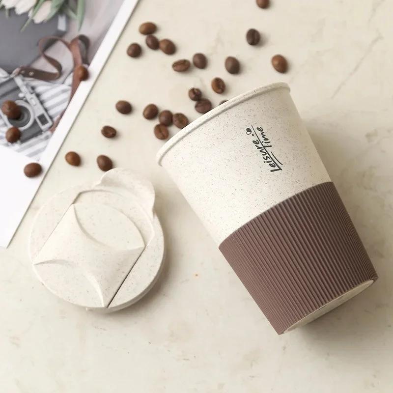 1PCS Portable Coffee Cup Double Wall Mug Wheat Straw Material Plastic Travel Water Cup with Lid for Women Men Drinking Cup Gift