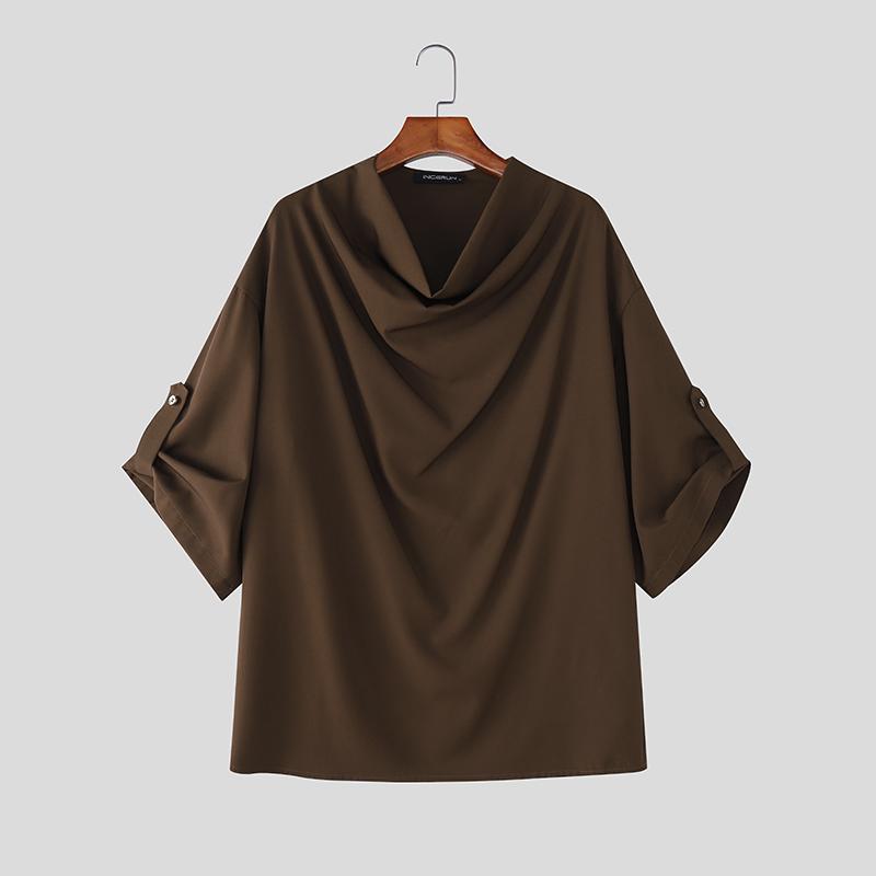 

INCERUN Весенние мужские футболки с отложным воротником, с низким вырезом, с длинным рукавом, повседневные, свободные 4XL