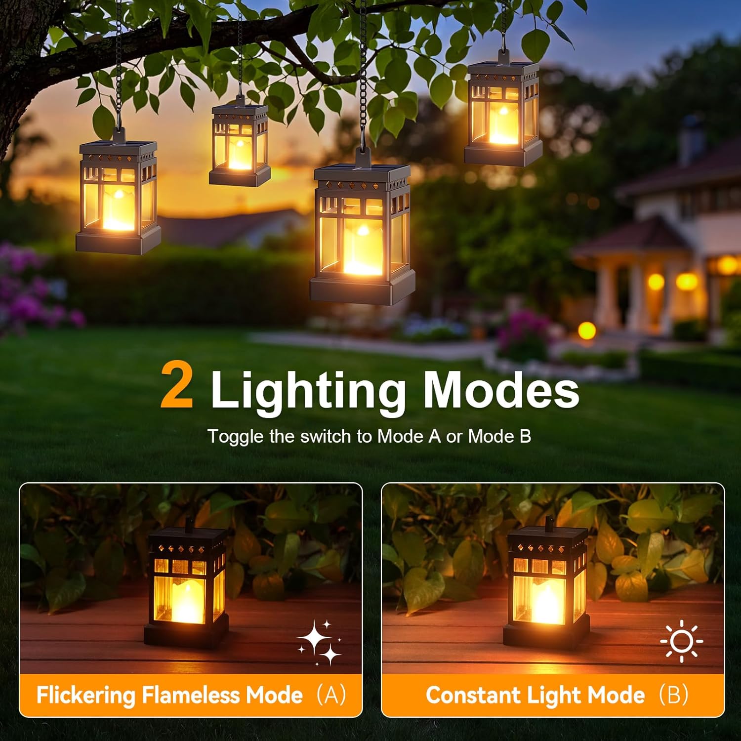 

Solar Lanterns Outdoor Waterproof, 2 Modes LED Flameless Candle Hanging Light for Patio Yard Tree Decor 2 Pack