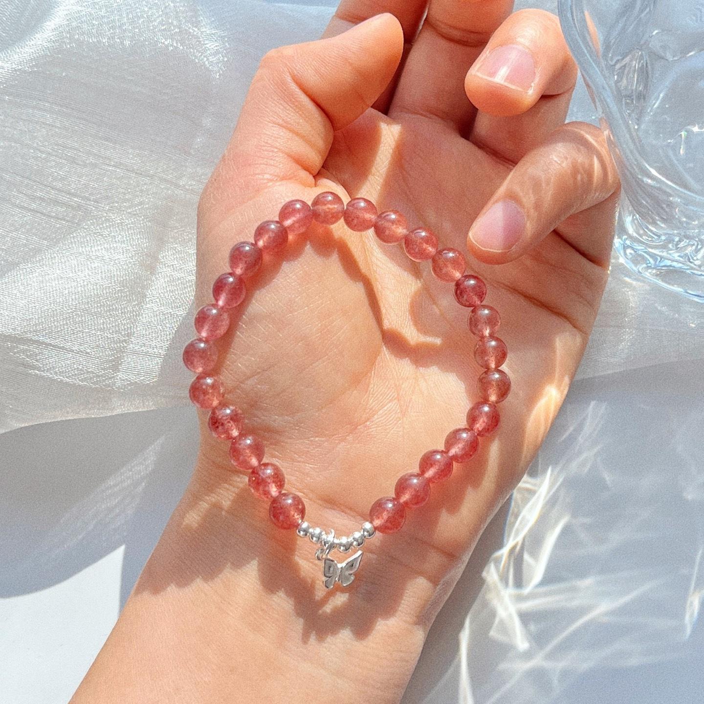 925 Silver 6Mm High Quality Pigeon Blood Natural Strawberry Crystal Butterfly Bracelet Bracelet