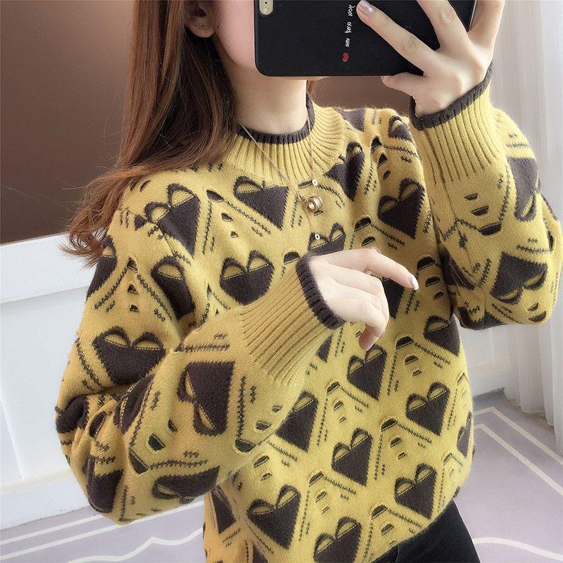 Half High Neck Sweater Loose and Slim Contrast Jacquard Knit Autumn and Winter New Bottoming Shirt Top Women All-match