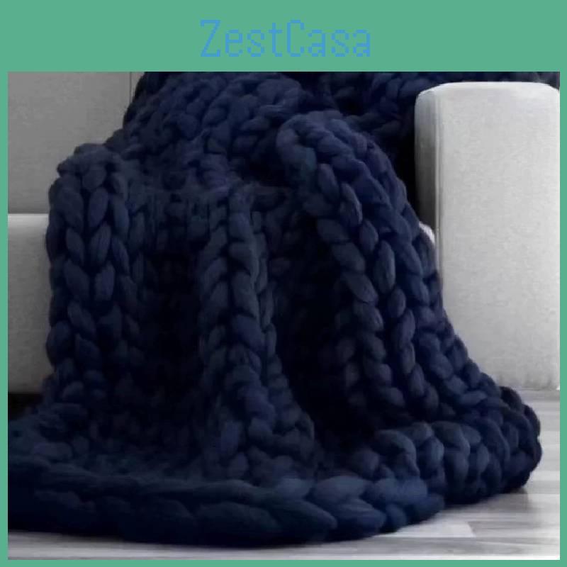 Blue Cozy Deep Handcrafted Blanket With Oversized Knit For Living Room And Decor Bedroom