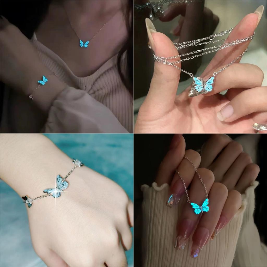Vintage Luminous Butterfly Pendant Necklace and Bracelet for Women Glow In The Dark Christmas New Year Party Jewelry Gift