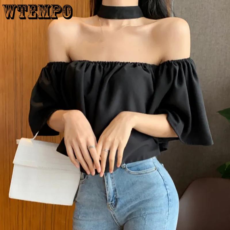 WTEMPO Léto s vypnutým ramenem Korejský styl Krátké topy s ohlávkou Dámské Jednobarevné Šifonové halenky Krátký rukáv Krátký rukáv