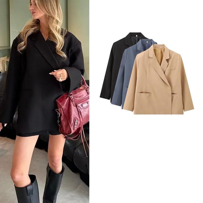 Spring New Arrival Women's European and American Leisure Side Slit Lapel Loose Oversize Double Breasted Suit Outwear