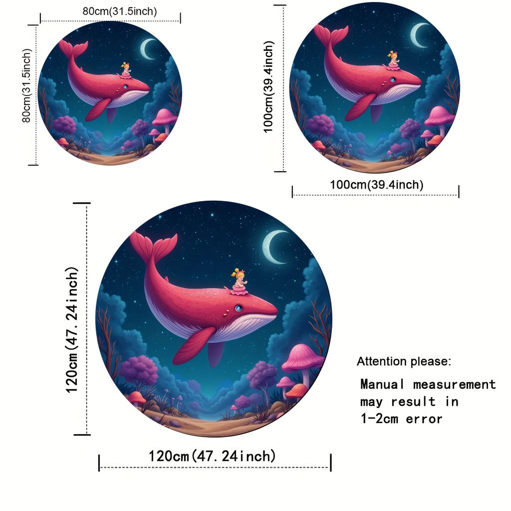 Whale Girl Fantasy Round Rug Dreamy Night Sky Flannel Floor Mat for Kids Bedroom Storybook Theme Magical Non Slip WashableCarpet