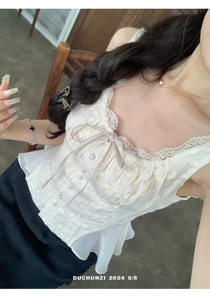 Pure little white flowers, lace waist sleeveless top, thin lace, pure desire for sweet girls, vest women