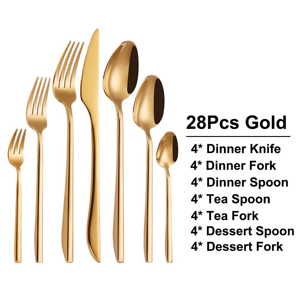 6/16/20/24/28Pcs Gold Tableware Stainless Steel 304 Cutlery Set Mirror Dinner Set Western Knife Fork Spoon Elegant Flatware