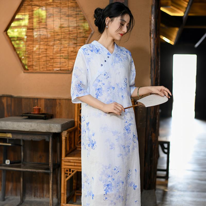 Johnature Women Vintage Print Floral Dress V-Neck Half Sleeve Button Summer Chinese Style A-Line Women Dresses