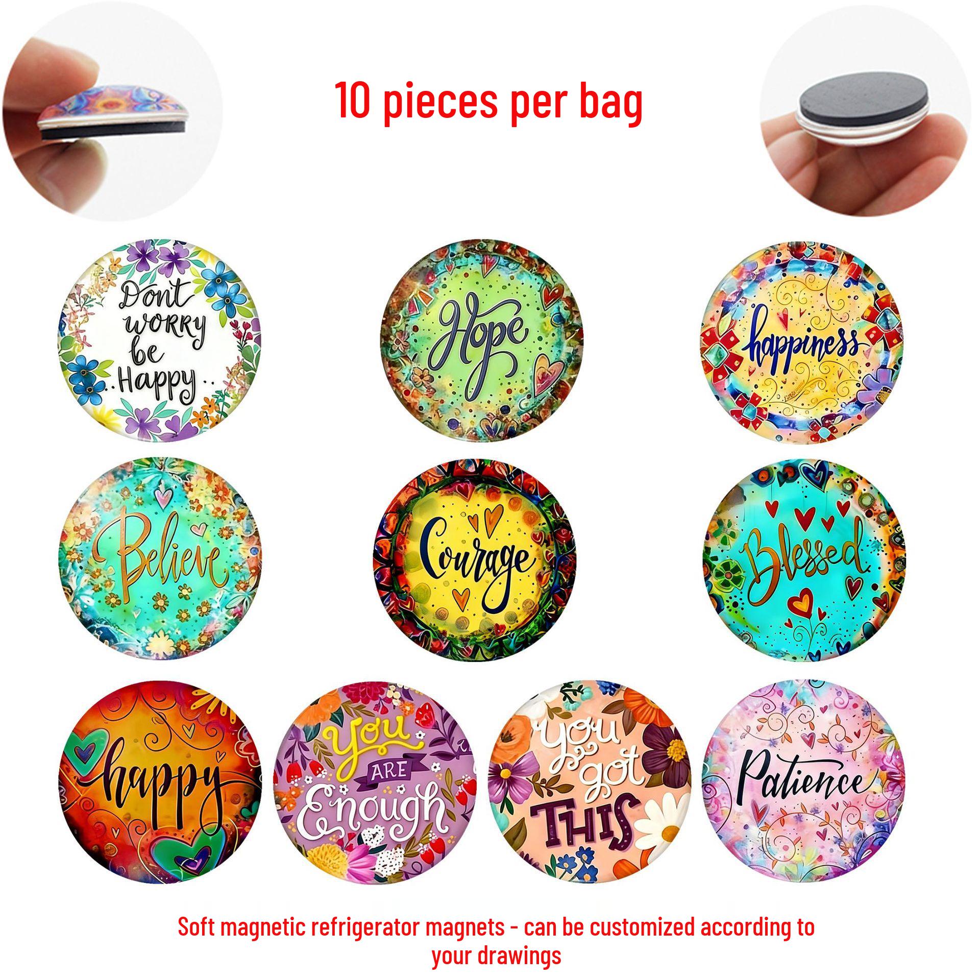 Hand-Painted Floral Motivational Phrase Crystal Glass Magnet - Home Decor Gift 25 mm Fridge Magnet Set of 10