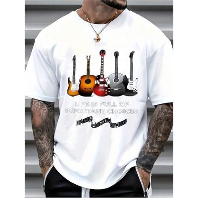 Europäische Größen Herren Gitarre Weißer Print Grafik T-Shirt Lässig Kurzarm Rundhals T-Shirts für Musikliebhaber Täglich
