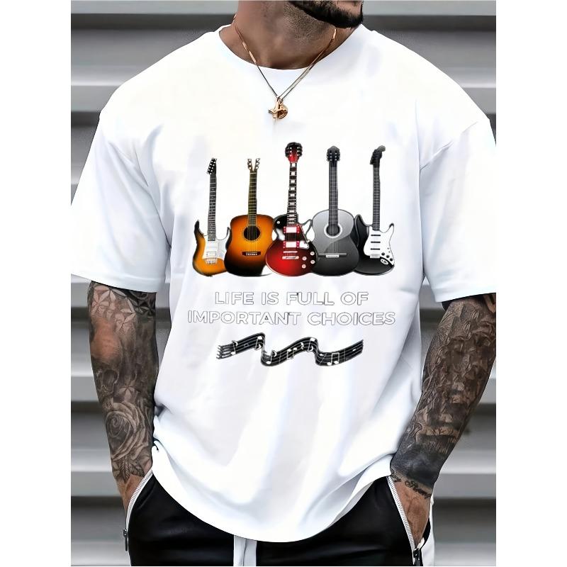 

European sizes Men s Guitar White Print Graphic T Shirt Casual Short Sleeve Crew Neck Tee Shirts for Music Lovers Daily 4XL білий