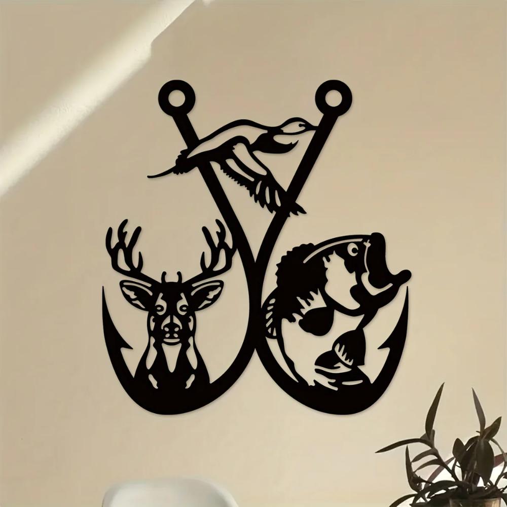 1 Stück Metall Wandkunst, Jagd Fischhaken Metall Wandschild, Jäger Wanddeko, Hängende Jagdzimmer Deko