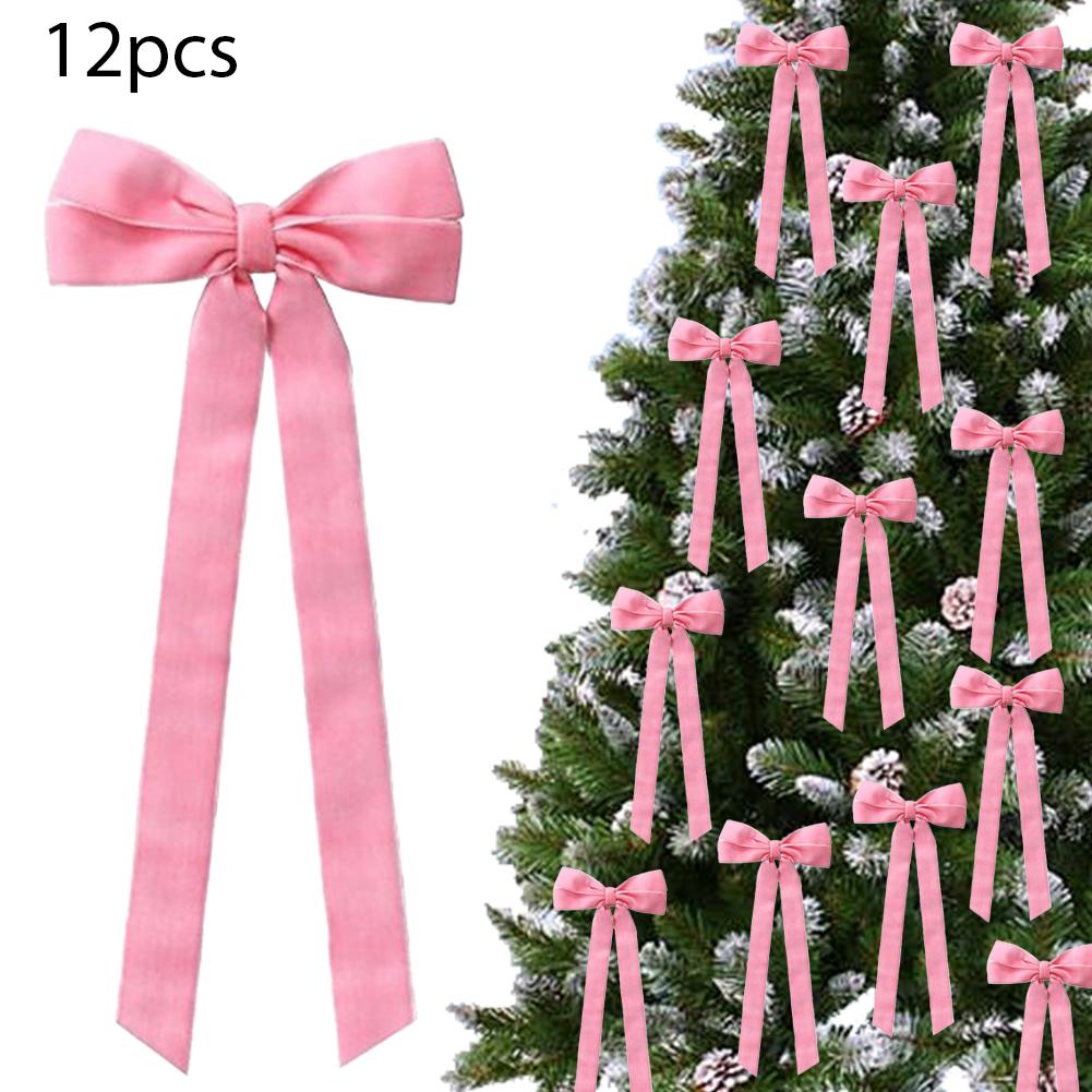 12PCs Velvet Bows Christmas Tree Decorations,Pink Large Velvet Bows Xmas Tree Topper Garland Ornament Rustic Velvet Wreath Bows