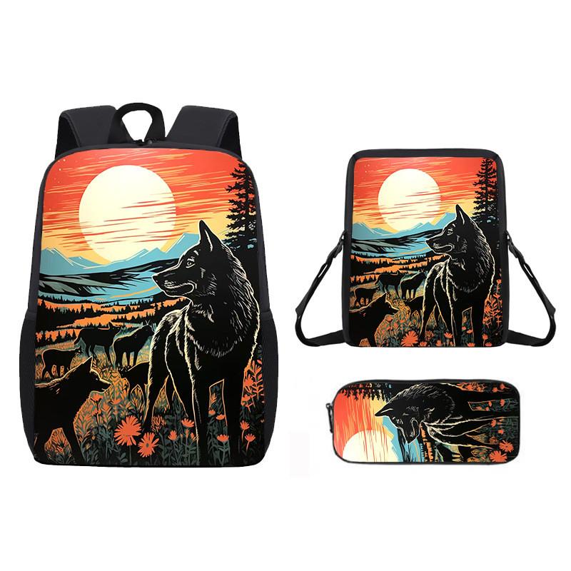 Pattern Animal Wolf Backpack Kids Shoulder Bag Pencil Case Student Use School
