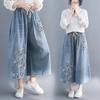 High Waist Fashionable Wide Leg Jean for Women Spring Retro Ethnic Style Embroidery Floral Loose Casual Female Denim Pants