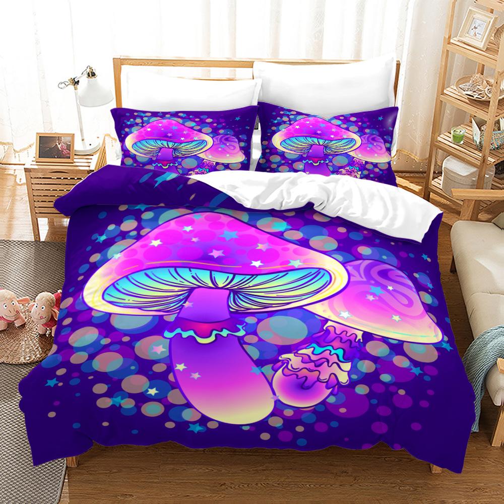 Mushroom Duvet Cover Set King Queen Size Star Purple Blue Trippy Mushroom Pattern Cartoon Polyester Bedding Set for Kid Boy Girl