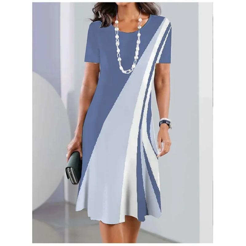 Street Casual Summer Women Dress Plus Size Stripe Splicing Print Short Sleeve Loose A-Line Dress