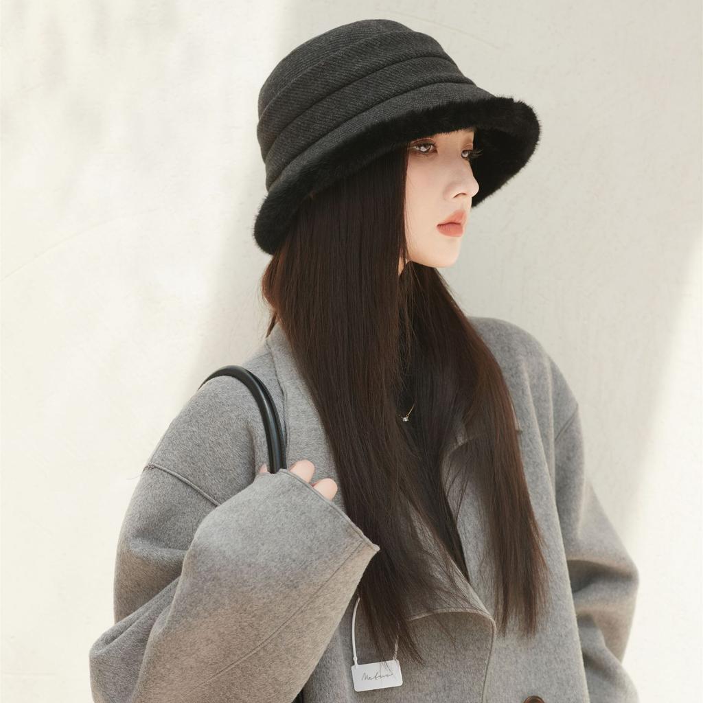 Plush Bucket Hat Women's Autumn and Winter Plush Thickened Thermal Basin Hat Elegant Middle-aged and Elderly Hat
