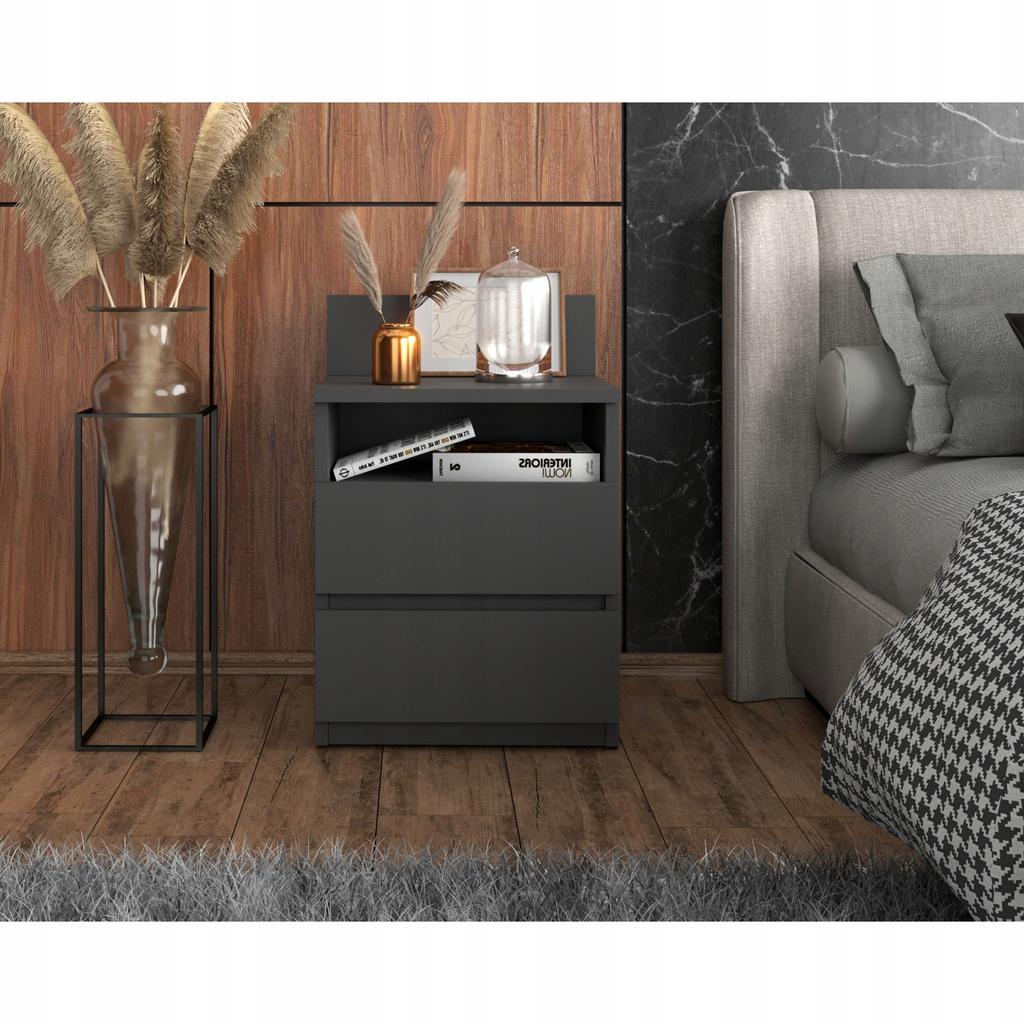 Bedside Table Gray 40cm 2 Drawers Shelf For Bedroom