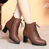 Women's British Style Genuine Leather High-Heeled Boots, Plus Velvet, Thickened for Autumn/Winter - Fashionable, Short Cotton Boots