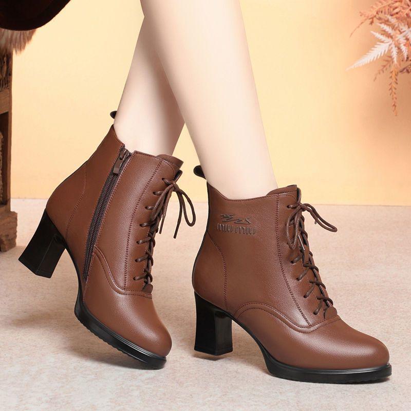 

Women s British Style Genuine Leather High-Heeled Boots, Plus Velvet, Thickened for Autumn/Winter - Fashionable, Short Cotton Boots Default Option