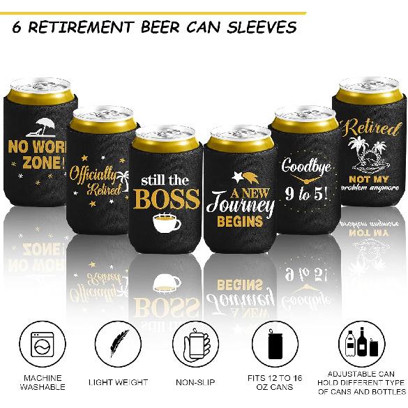 Baderke 6 Pieces Retirement Gifts Beverage Can Sleeves Funny Retirement Beer Can Sleeve Collapsible Neoprene Sleeve Beer Bottle Beverage Cooler for