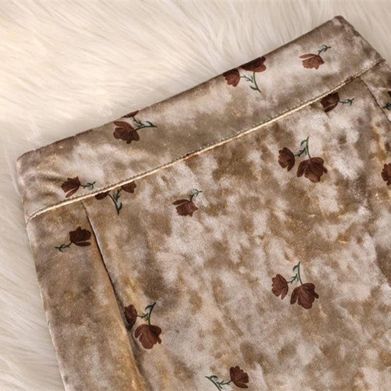 Fusta pe jumatate de toamna si iarna Fusta de dama Retro auriu cu imprimeu din catifea Fusta lunga de dama