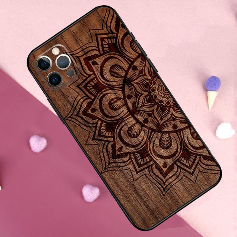 Mandala Floral Wood Phone Case For iPhone 17 Pro Max 11 14 15 16 Pro Max Plus 13 12 Mini 16e 17 Air Back Cover